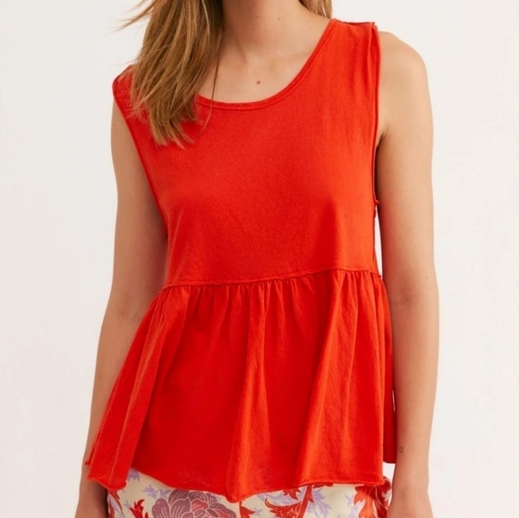 Free People We The Free Orange Distressed Peplum Anytime Tank Top - Picture 1 of 9